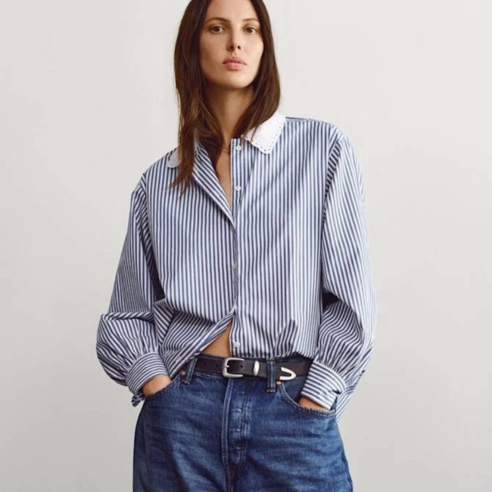 GAP x Doen Organic Cotton Eyelet Collar Big Shirt in Blue Stripe Oversize Sz S